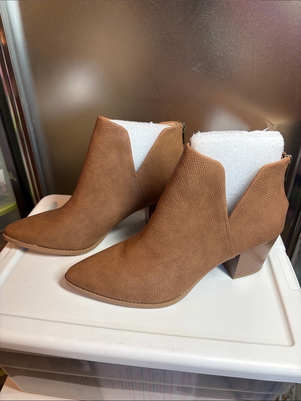 Women’s Cognac Textured Ankle Bootie with Block Heel